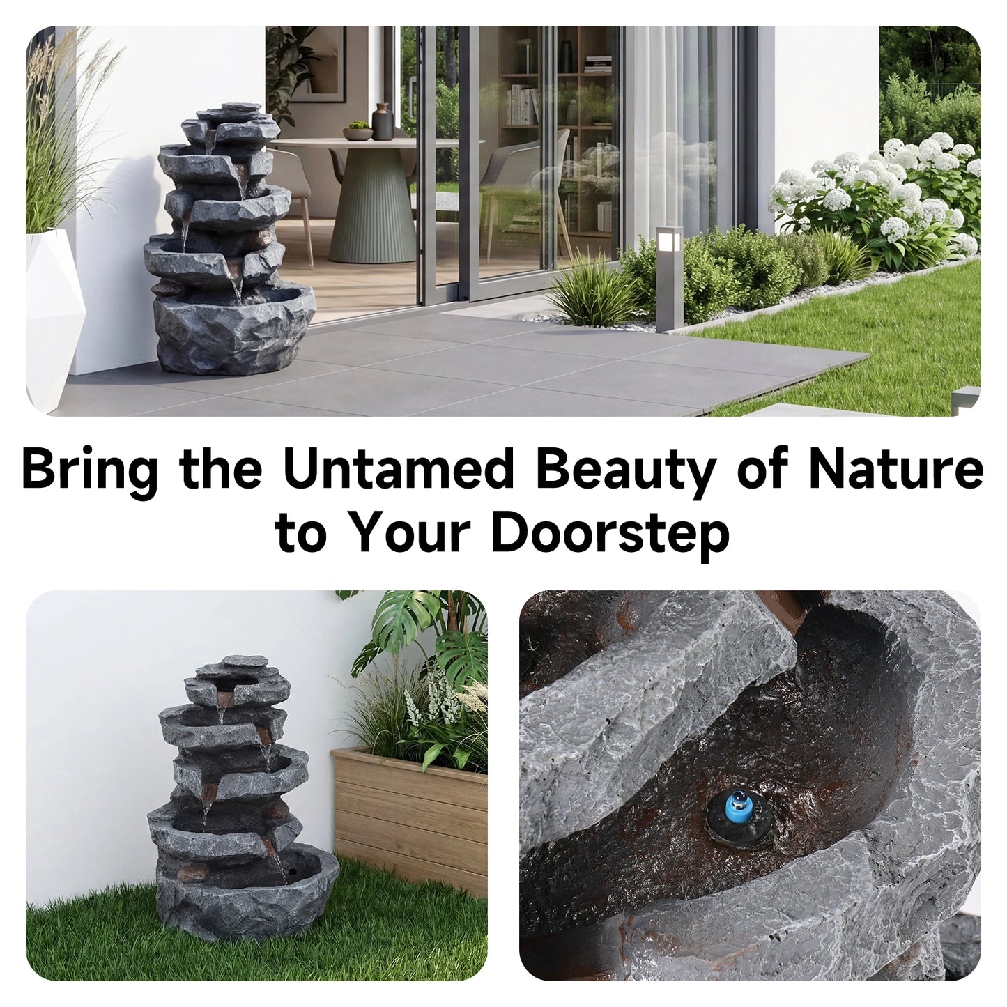 5-Tier Cascading Rock Outdoor Water Fountain With 4 LED Lights For Garden