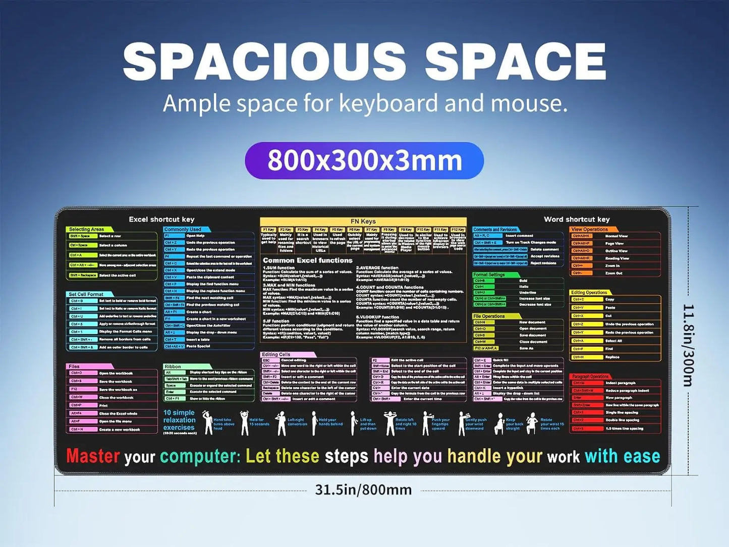 Excel and Word Skills Desk Pad - Large XL Size (31.5x11.8 inch) for Work, Study, Gaming - Waterproof Anti-Slip Mouse Mat