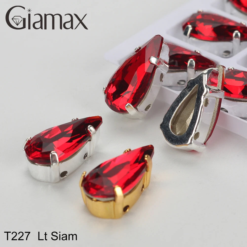 Giamax Tear Drop Glass Crystal Sewing Stone Sew on Rhinestones Gold Silver Claw Rhinestones For Garment Clothes Bags