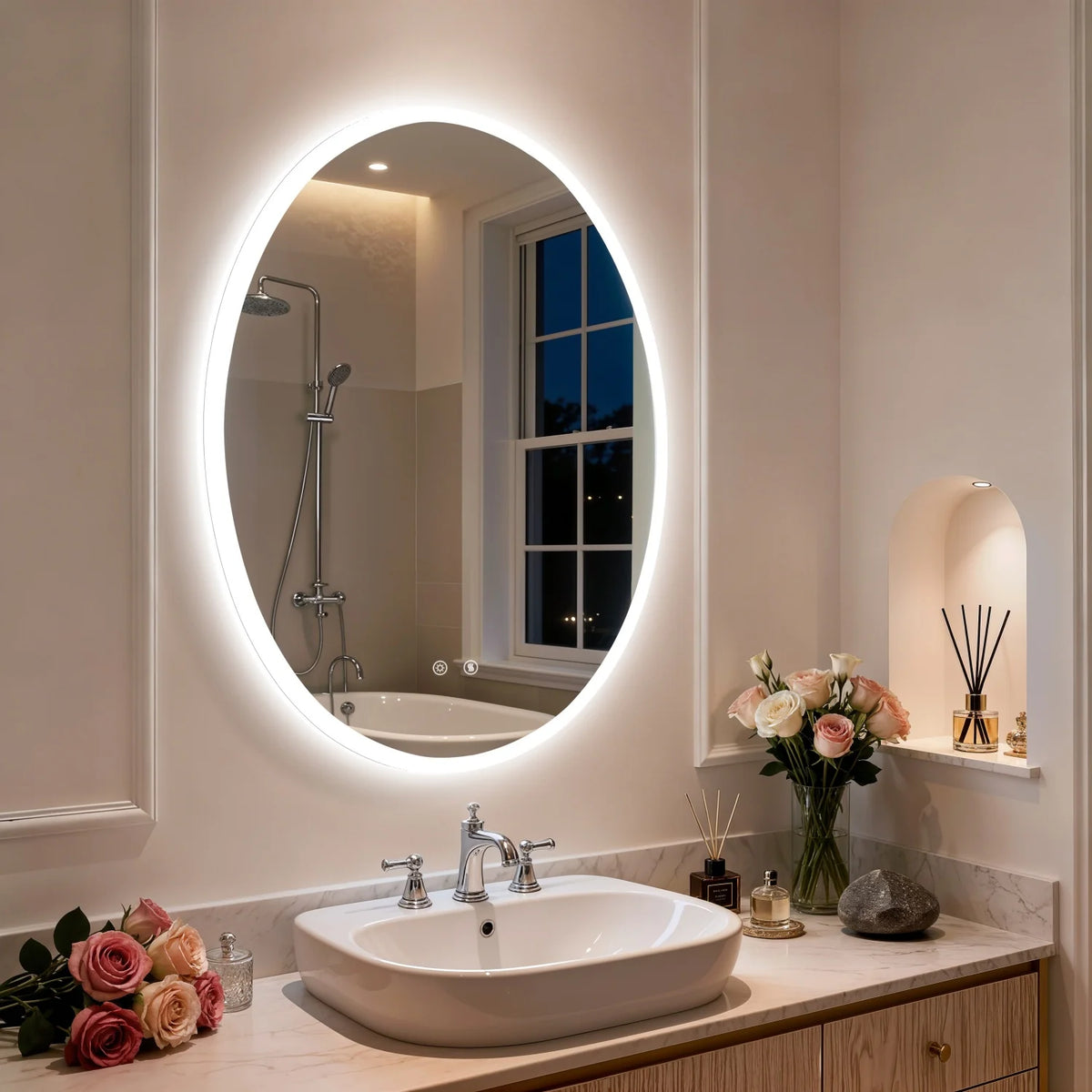 Oval LED Bathroom Mirror 70/80/90cm Tempered Glass Backlit Vanity Mirror Touch Anti-Fog Shatter-Proof Memory Dual Buttons for Shaving Making up