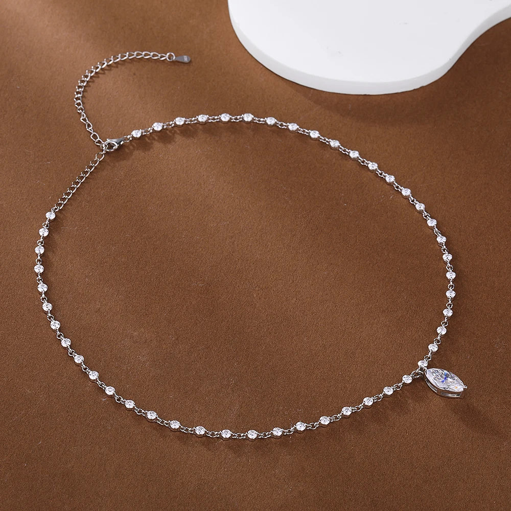 925 Sterling Silver Moissanite Tennis Necklace With Marquise Pendant