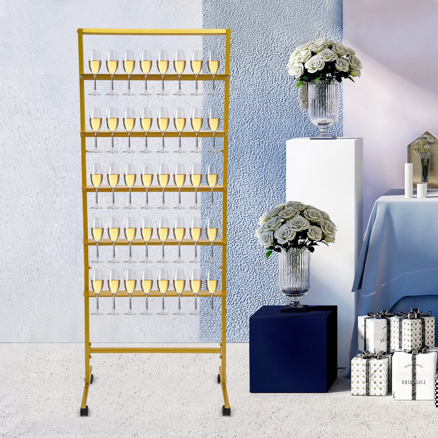 5-Tier Champagne Glass Holder, Rolling Champagne Flutes Display Stand, Gold Wine Glass Holder for Weddings & Party Decor