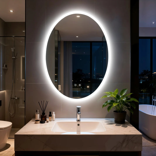 Oval LED Bathroom Mirror 70/80/90cm Tempered Glass Backlit Vanity Mirror Touch Anti-Fog Shatter-Proof Memory Dual Buttons for Shaving Making up