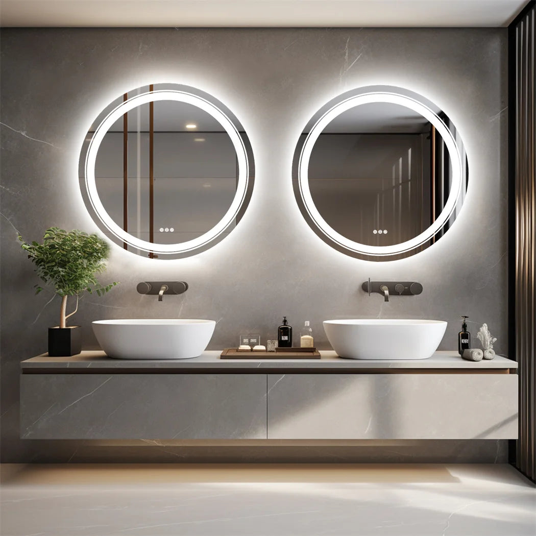 32 Inch Round LED Lighted Bathroom Mirror Wall Mounted Anti-Fog Vanity Mirror with Touch Sensor Backlit for Home