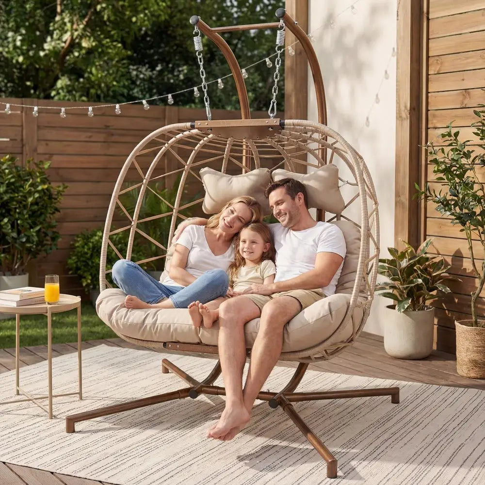 All-Weather Double Hanging Egg Chair With Stand For Outdoor Use