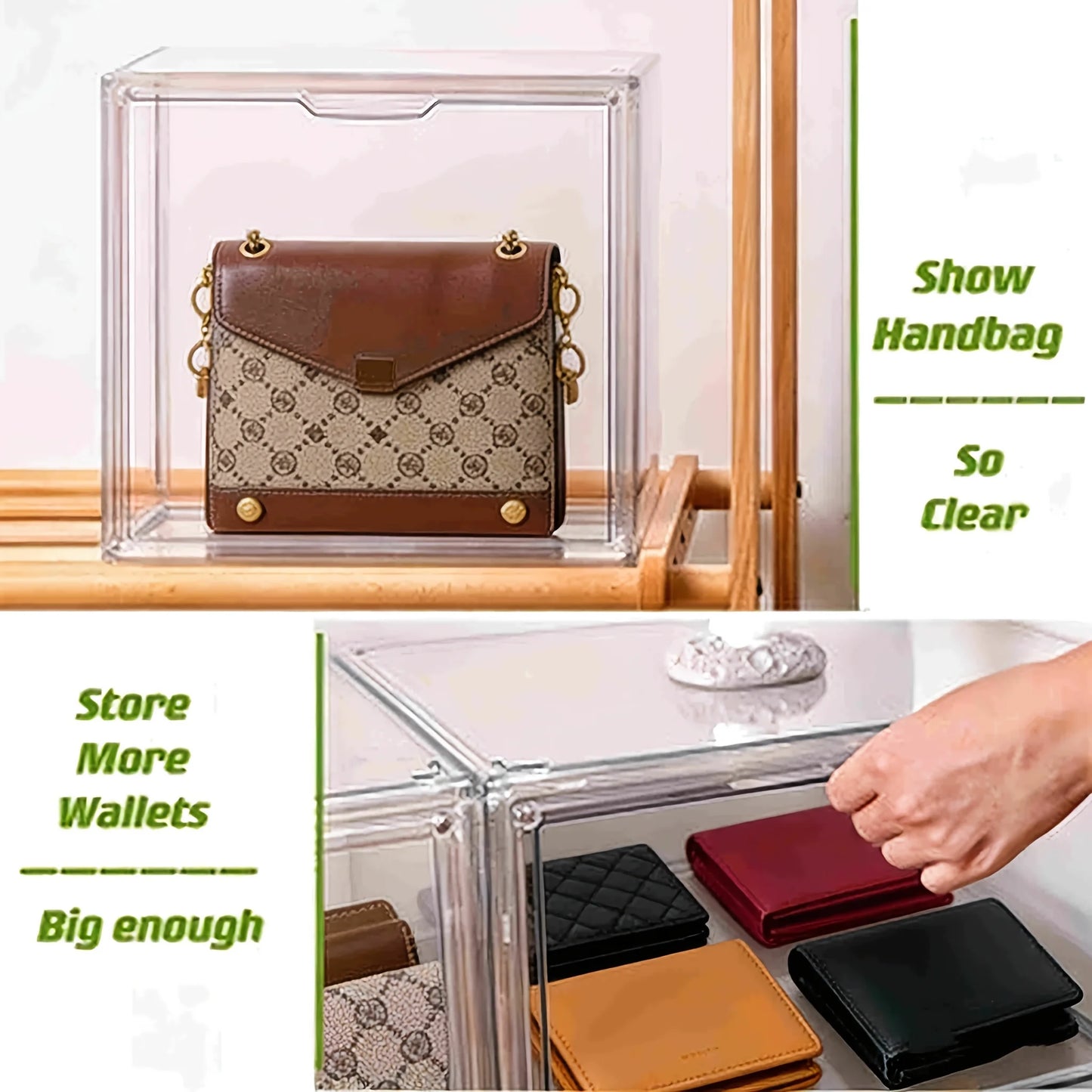 Purse Organizer In Clear Acrylic Display Case With Magnetic Door