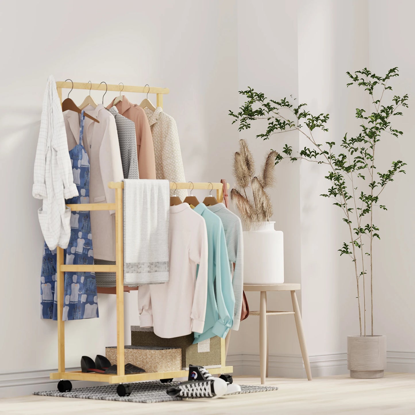 BINGOPAW Bamboo Clothes Rail Rack With Wheels And Storage Shelves