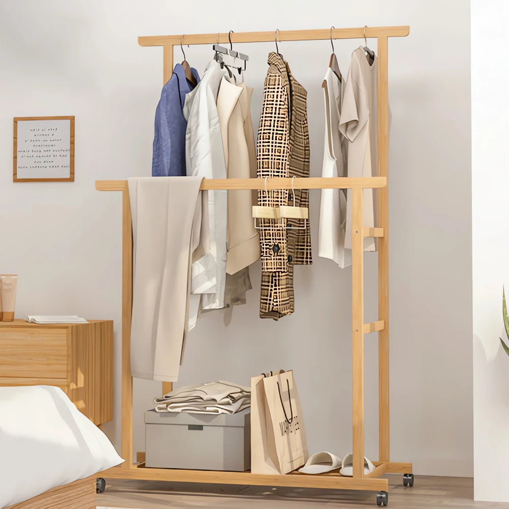 BINGOPAW Bamboo Clothes Rail Rack With Wheels And Storage Shelves
