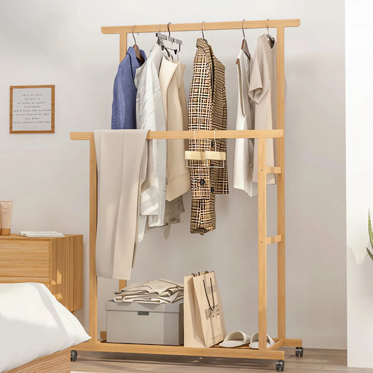 BINGOPAW Bamboo Clothes Rail Rack With Wheels And Storage Shelves