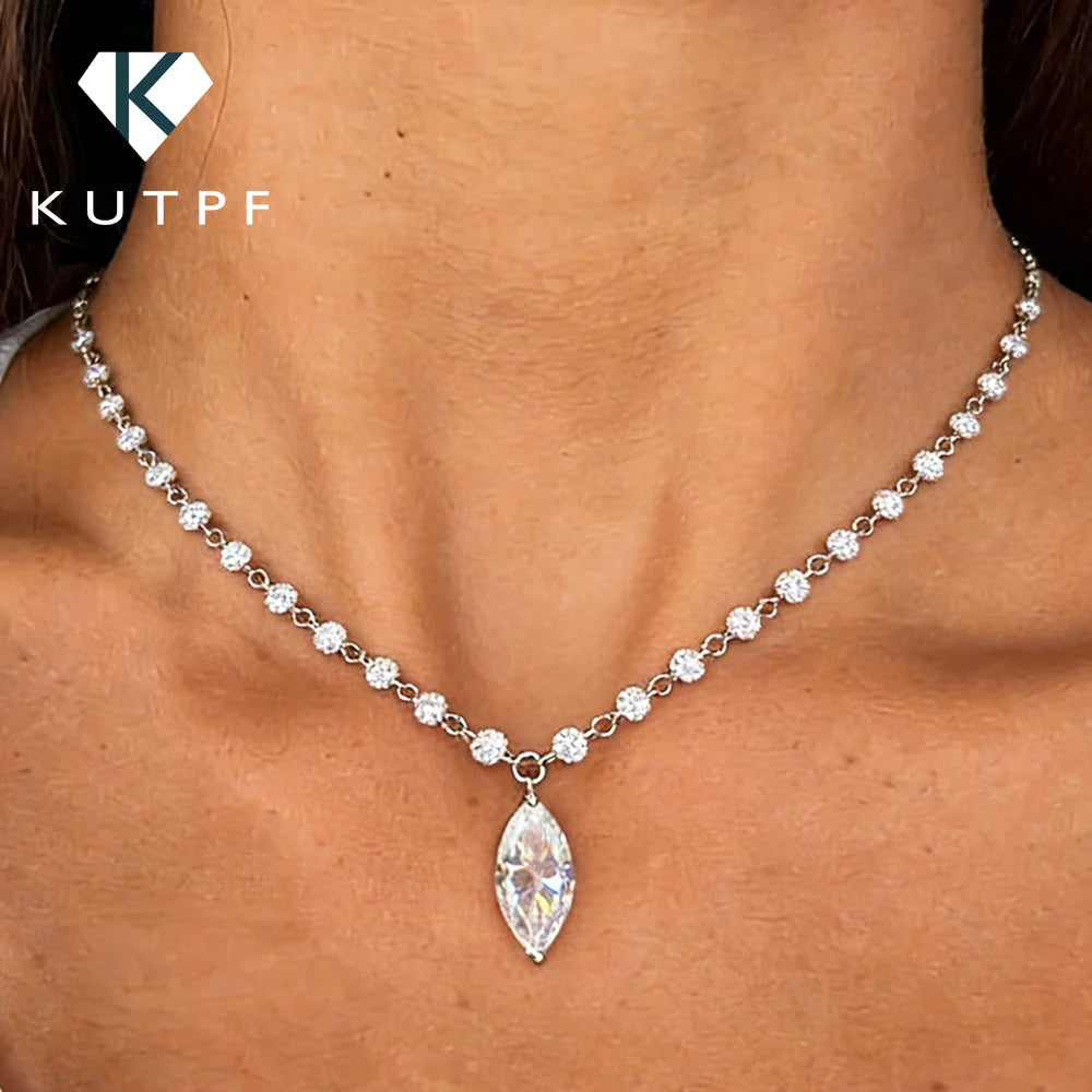 925 Sterling Silver Moissanite Tennis Necklace With Marquise Pendant