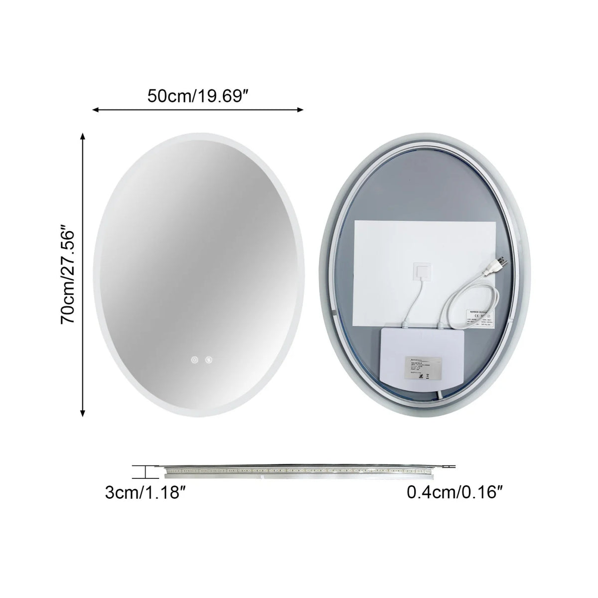 Oval LED Bathroom Mirror 70/80/90cm Tempered Glass Backlit Vanity Mirror Touch Anti-Fog Shatter-Proof Memory Dual Buttons for Shaving Making up
