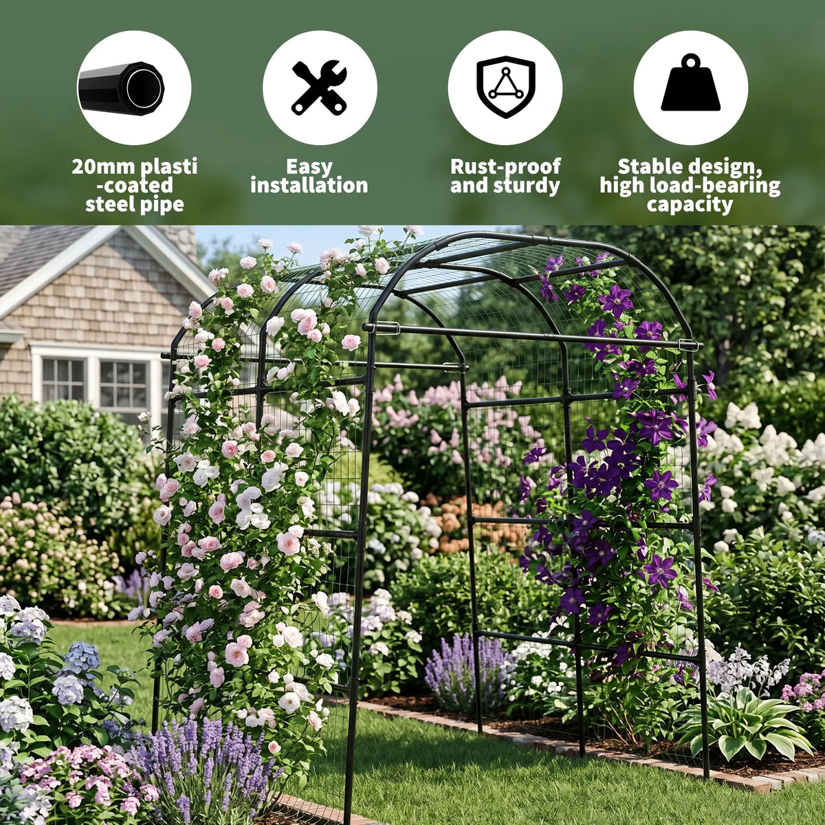 7.2FT Metal Garden Arch Trellis For Raised Beds, Adjustable Black Cucumber Support For Vines, Roses, Grapes, Melons & Gourds Kit