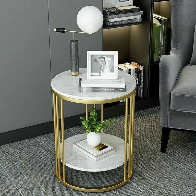 Wisfor 2-Tier Marble Side Table Round Nightstand Storage
