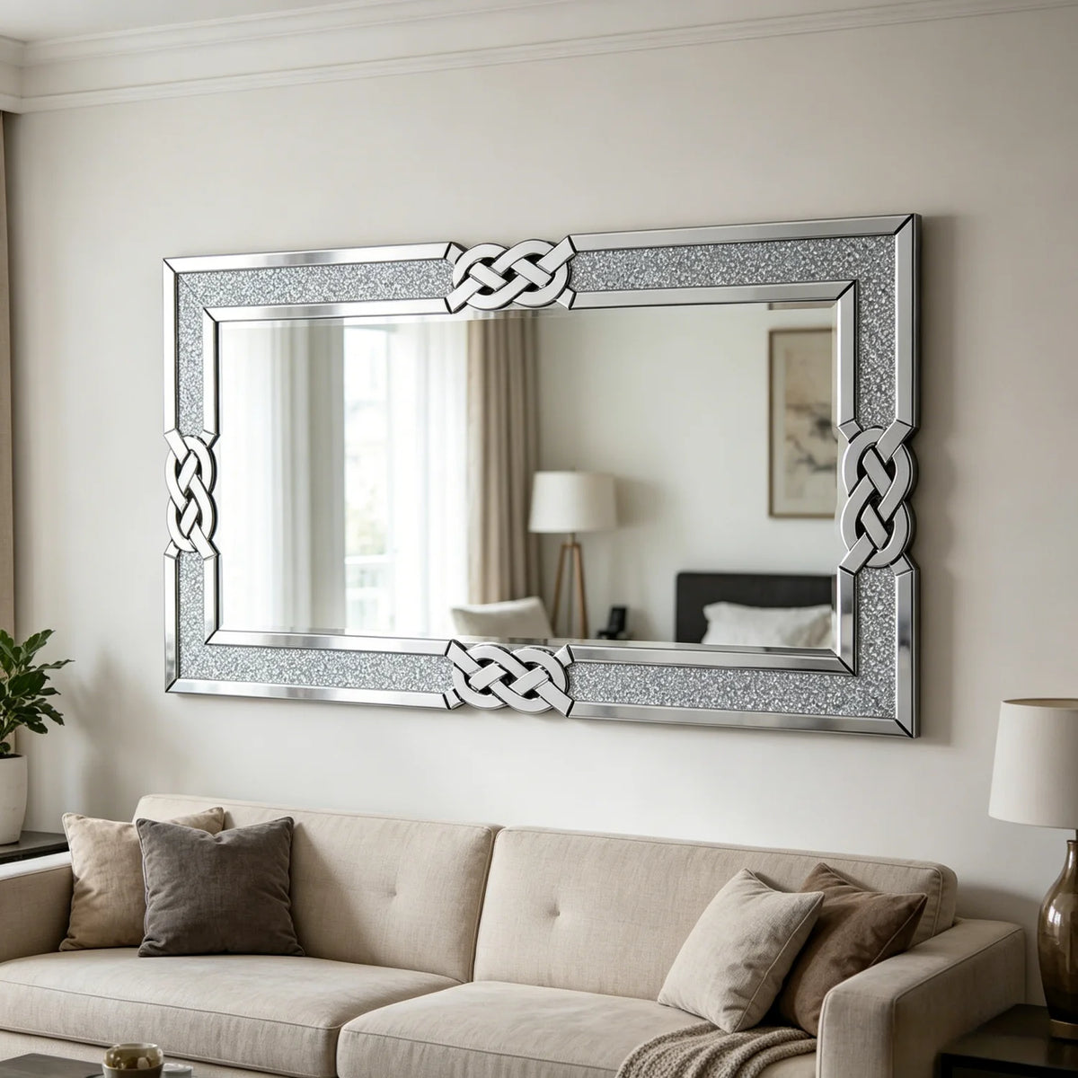 120CM Rectangle Crystal Crush Diamond Silver Wall Mirror For Living Room Decoration
