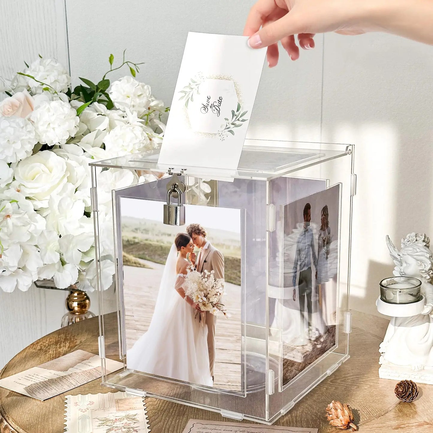 Acrylic Wedding Card Box With Picture Holder For Gifts And Envelopes