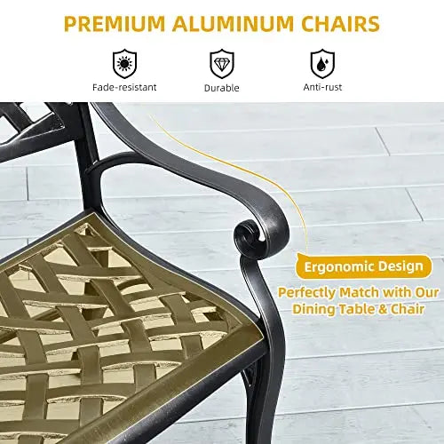 Elegant 39.4 Inch Cast Aluminum Two-Seat Outdoor Bench With Rose Motif Lattice Back And Armrests For Patio Garden Deck