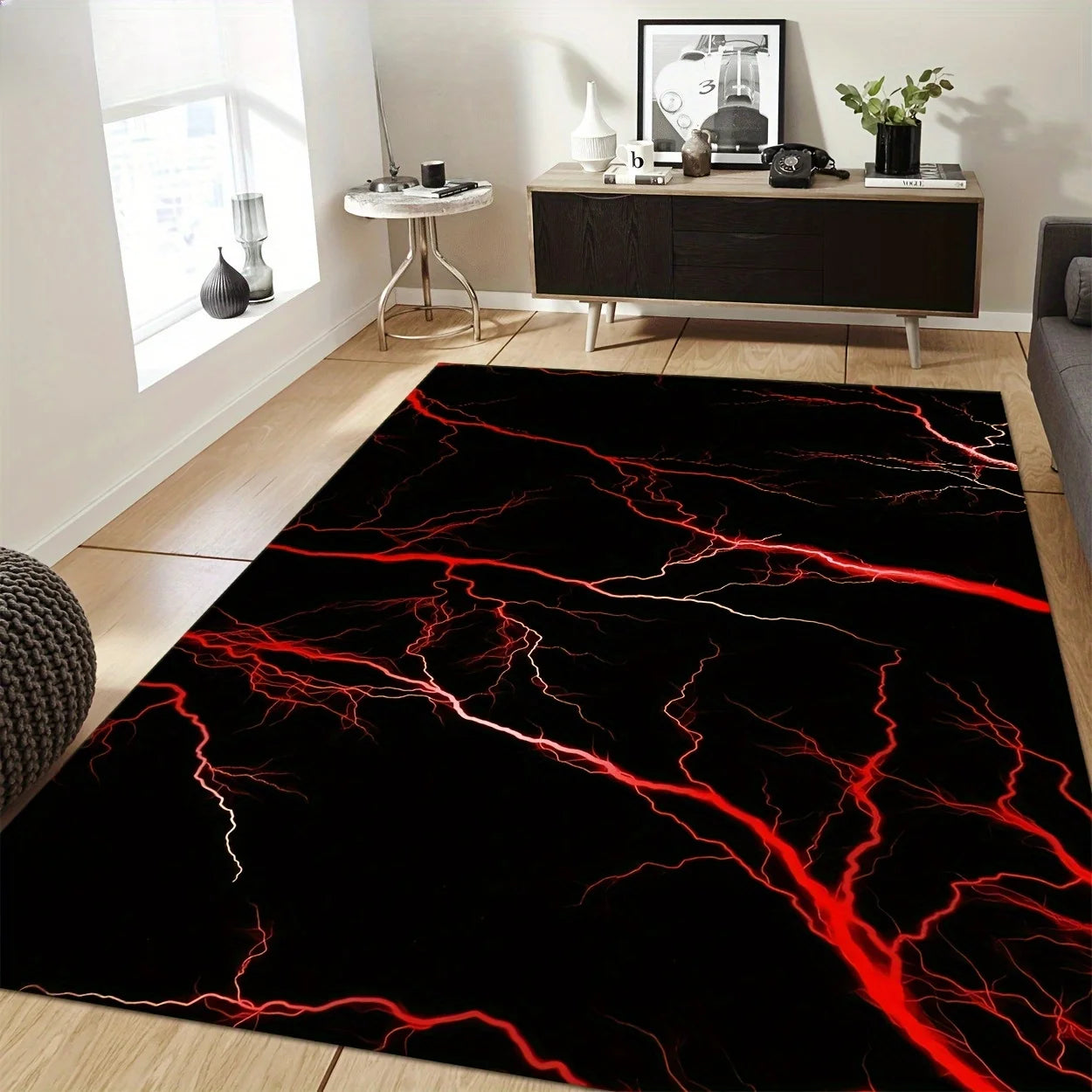 Lightning Polyester Mat Tibetan Design Non Slip Machine Washable Rug