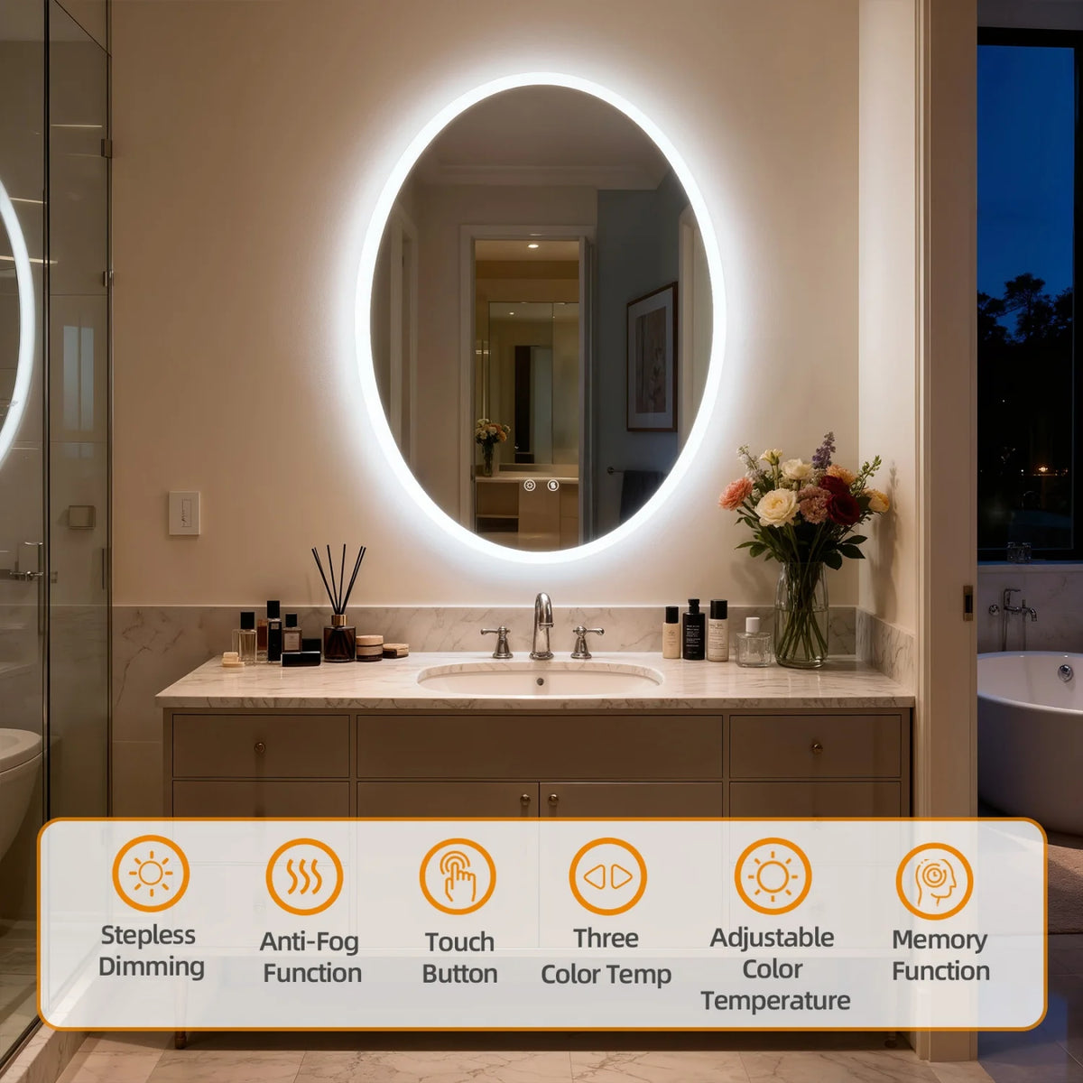 Oval LED Bathroom Mirror 70/80/90cm Tempered Glass Backlit Vanity Mirror Touch Anti-Fog Shatter-Proof Memory Dual Buttons for Shaving Making up