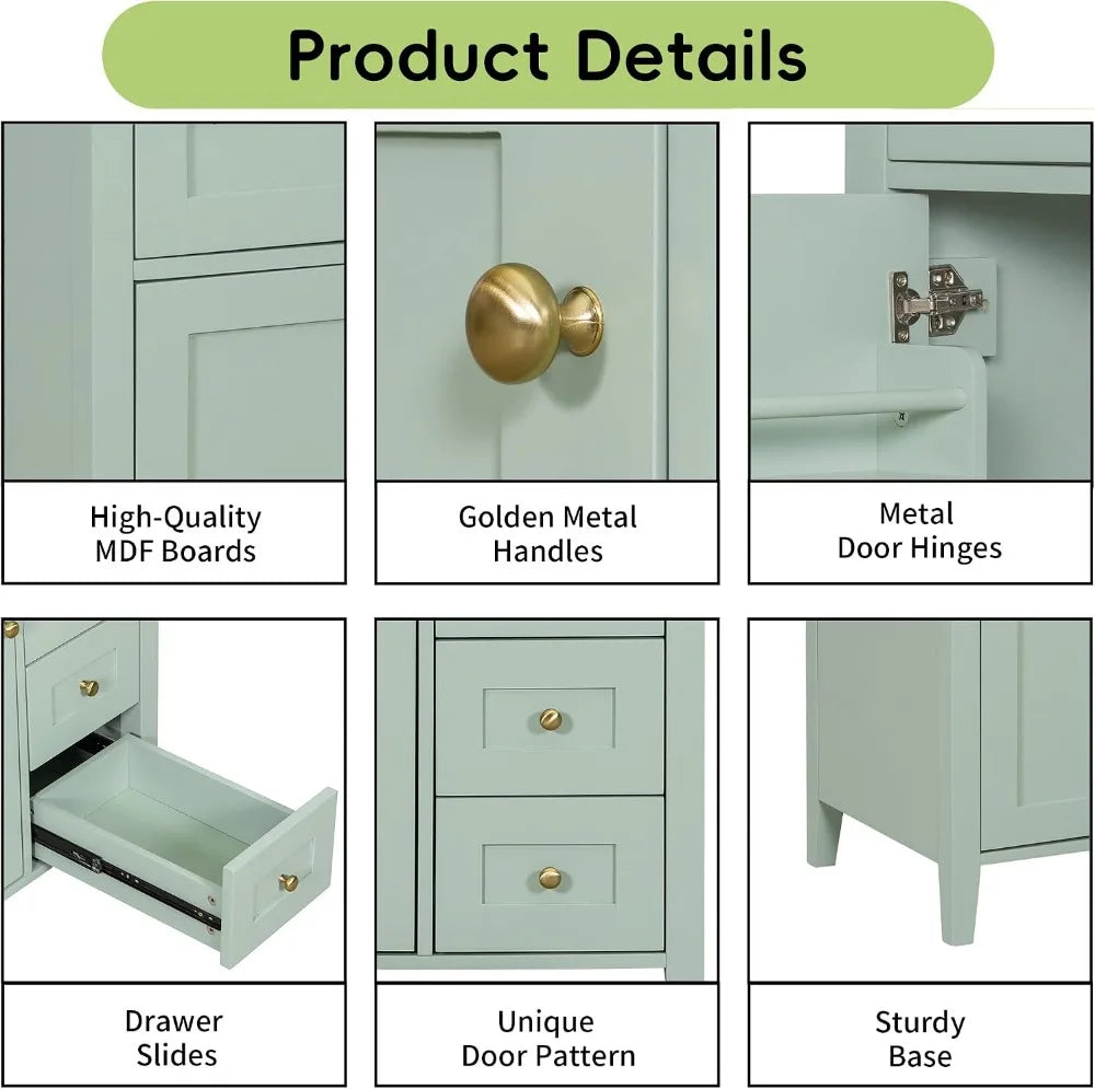 30" Modern Bathroom Vanity with Sink, Solid Wood Storage Cabinet, 3 Drawers, Soft Close Door, Adjustable Shelves, Green