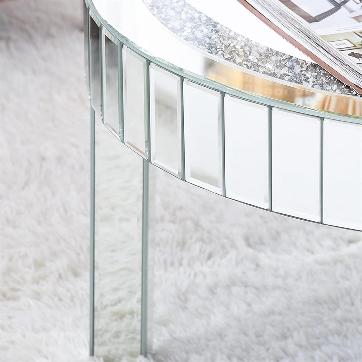 Round Mirrored Coffee Table With Crushed Crystal Design And Metal Frame