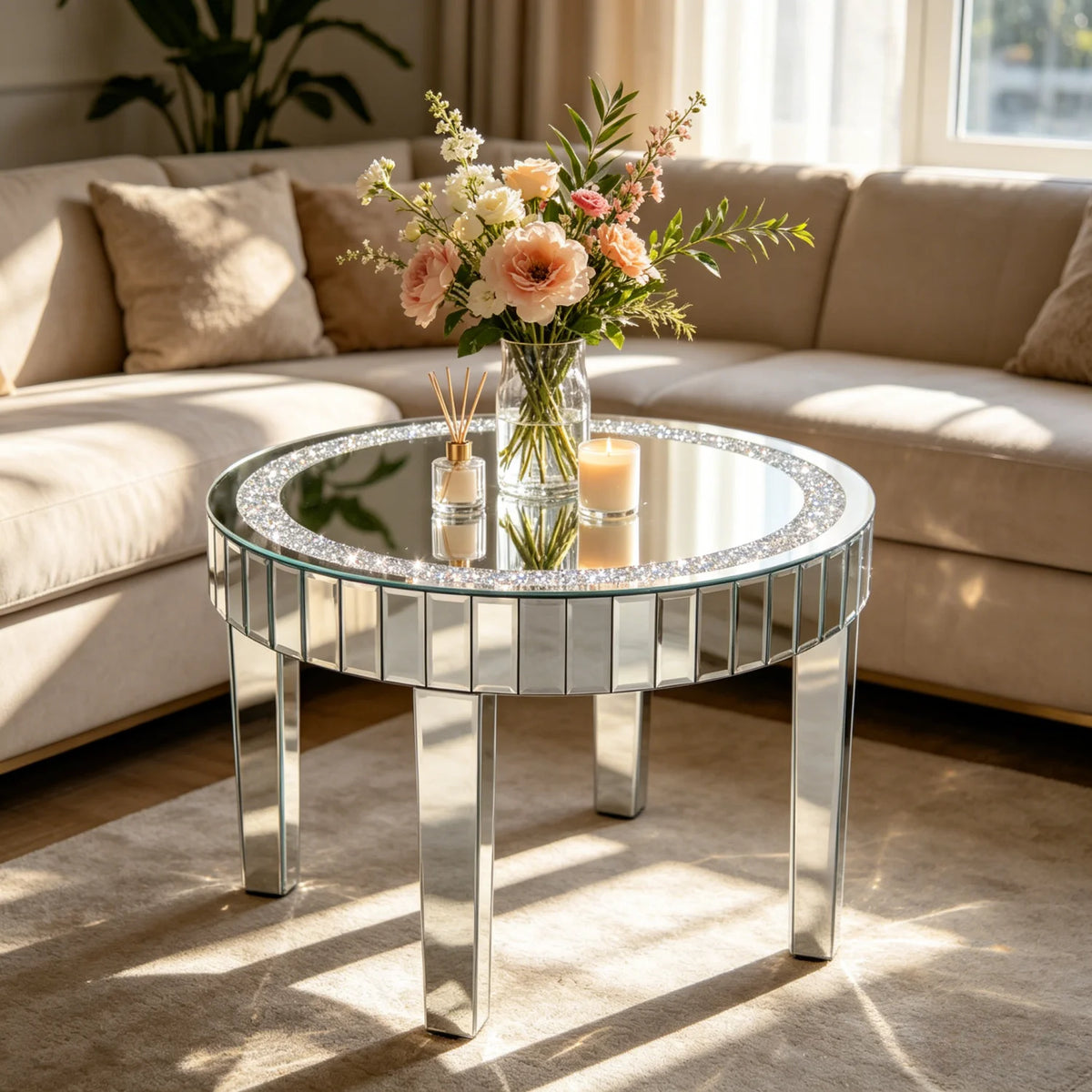 Round Mirrored Coffee Table With Crushed Crystal Design And Metal Frame