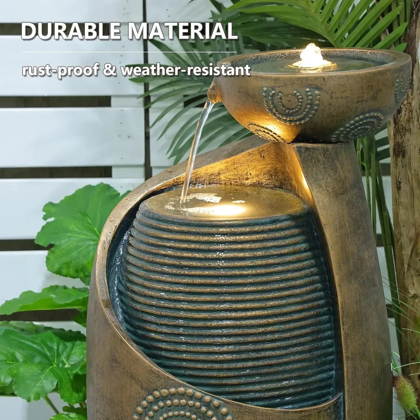 Outdoor Vase Waterfall Fountain With LED Lights And Durable Pump