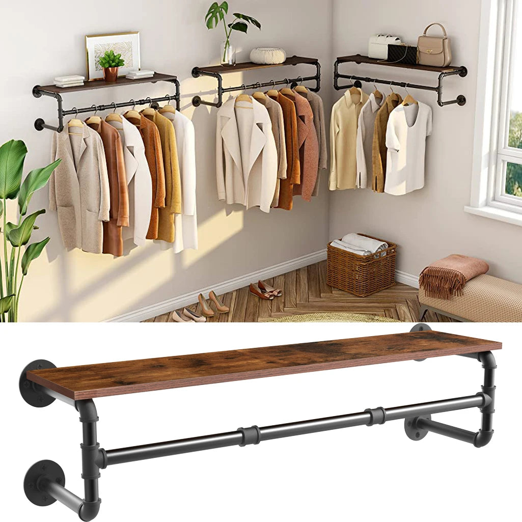 Industrial Pipe Wall Mounted Clothing Rack With Wood Shelf