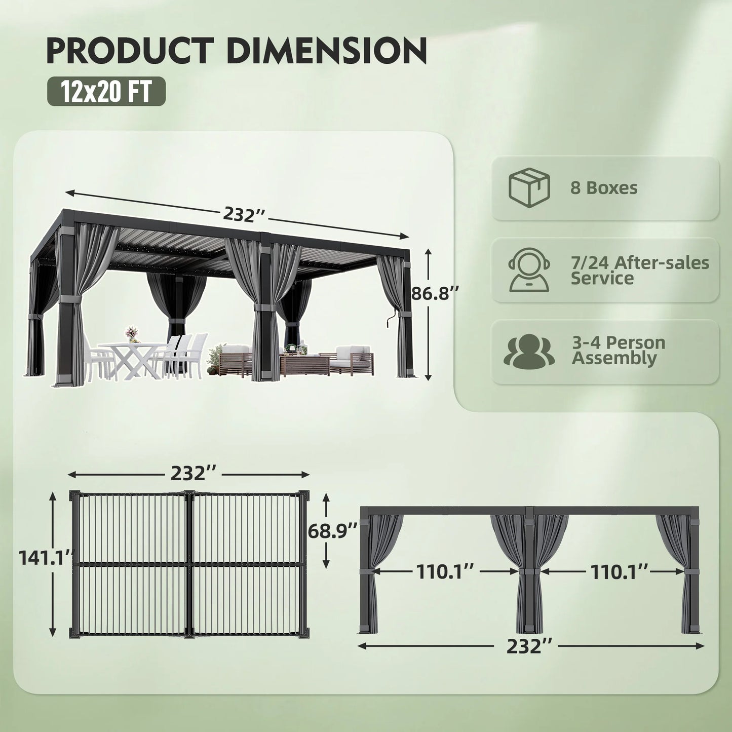 VIWAT Louvered Pergola Aluminum Frame Waterproof Roof Gazebo All Weather