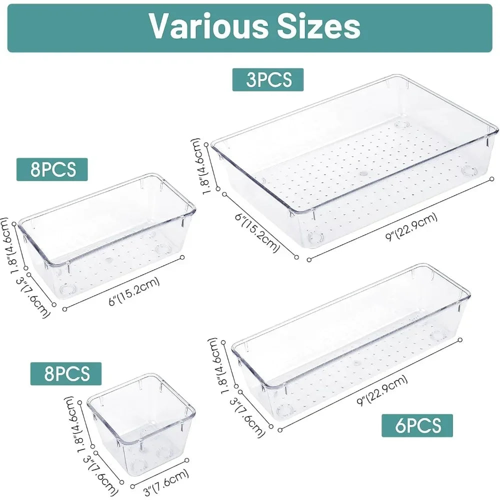 Clear Plastic Drawer Organizer Set 25 Compartments for Desk Storage