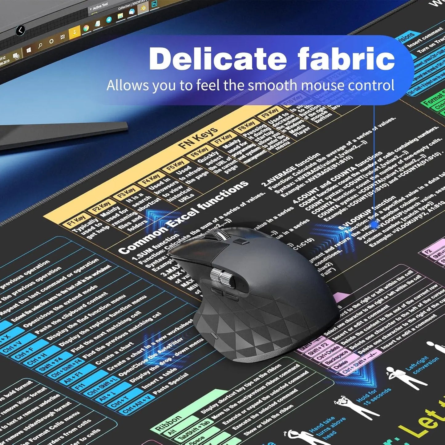 Excel and Word Skills Desk Pad - Large XL Size (31.5x11.8 inch) for Work, Study, Gaming - Waterproof Anti-Slip Mouse Mat