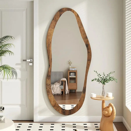 Wood Framed Vintage Wall Mirror Asymmetrical for Bathroom
