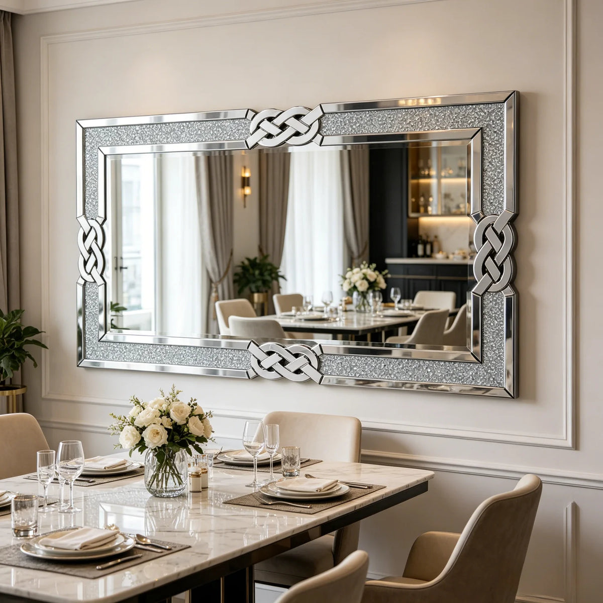 120CM Rectangle Crystal Crush Diamond Silver Wall Mirror For Living Room Decoration