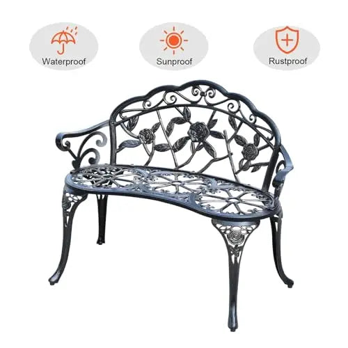 Elegant Cast Aluminum Outdoor Bench Featuring Intricate Rose Vine Design For Garden, Patio, Park And Lawn Use