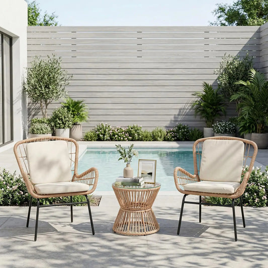 Boho 3PCS Patio Furniture Set, Outdoor PE Rattan Bistro Set With 2 Wide Cushioned Chairs & Glass Table For Deck Porch Poolside