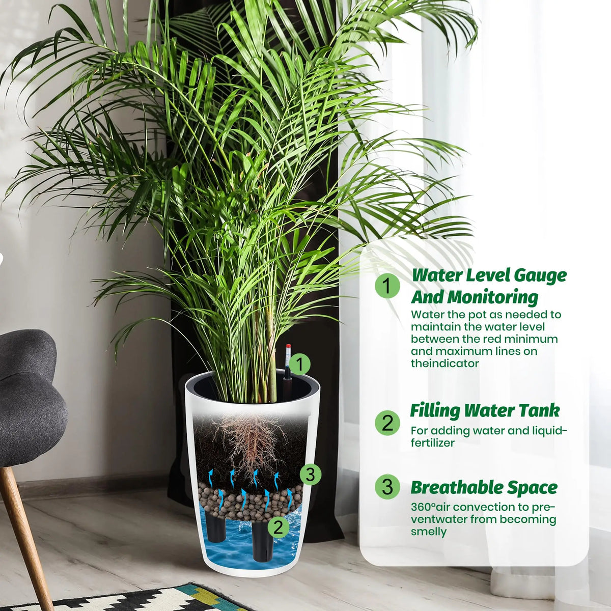 HiMiss 16 Inch Self Watering Planters With Indicator