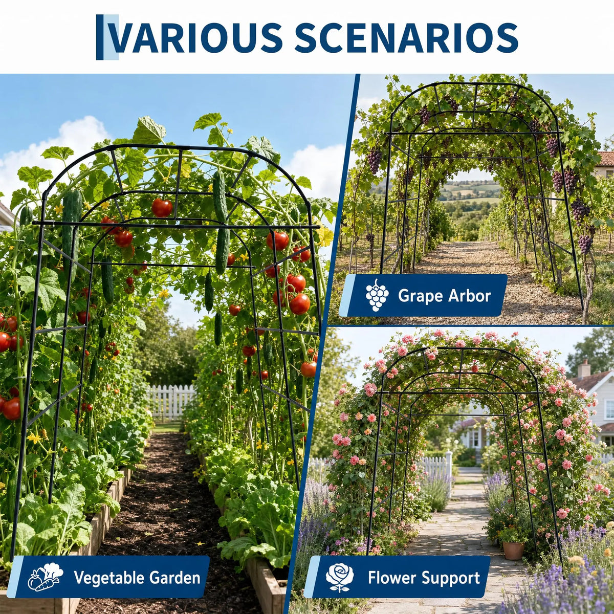 7.2FT Metal Garden Arch Trellis For Raised Beds, Adjustable Black Cucumber Support For Vines, Roses, Grapes, Melons & Gourds Kit