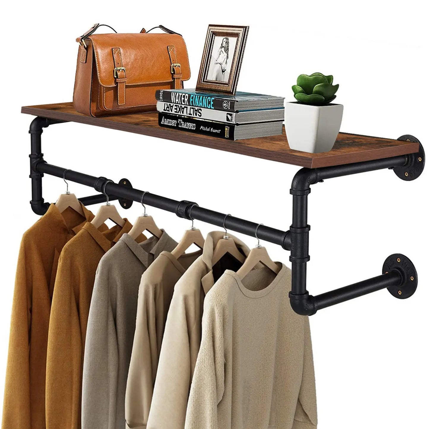 Industrial Pipe Wall Mounted Clothing Rack With Wood Shelf