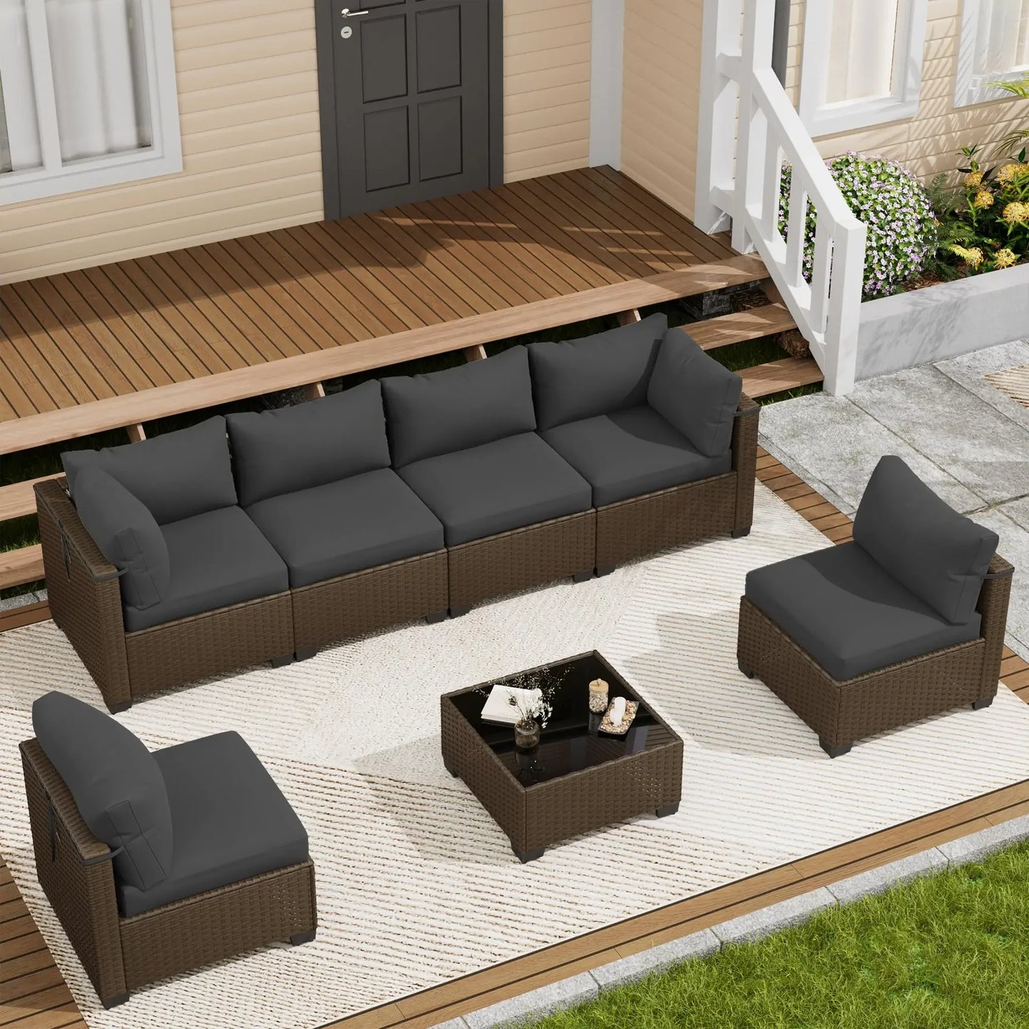 LOUVIXA 7 Piece Outdoor Patio Furniture Set, Outdoor Sectional Sofa, Wicker Rattan Patio Furniture, Patio Conversation Set