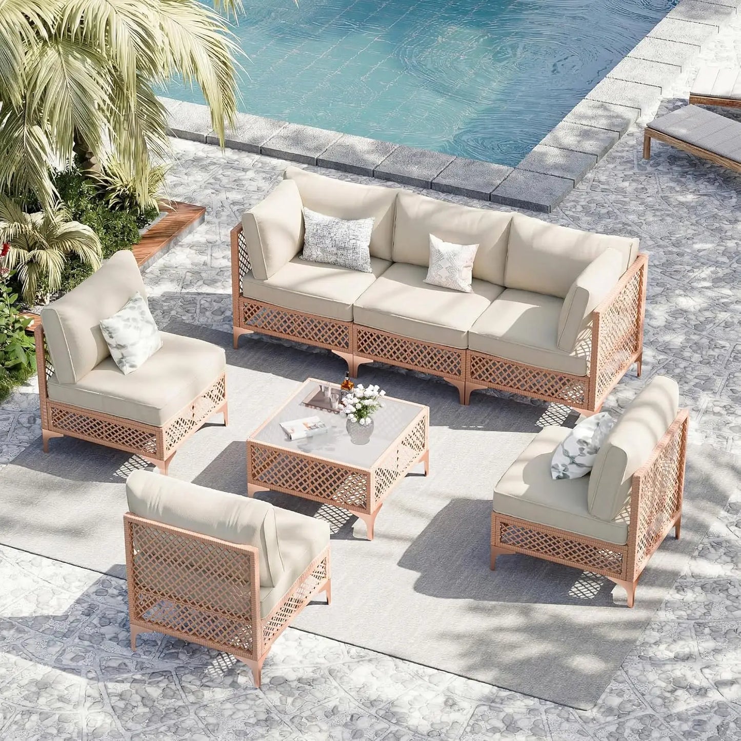 Patio Conversation Sets, 7 Piece Outdoor Furniture Set with Thick Cushions, Wicker Sectional Sofa Set with Coffee, Customized