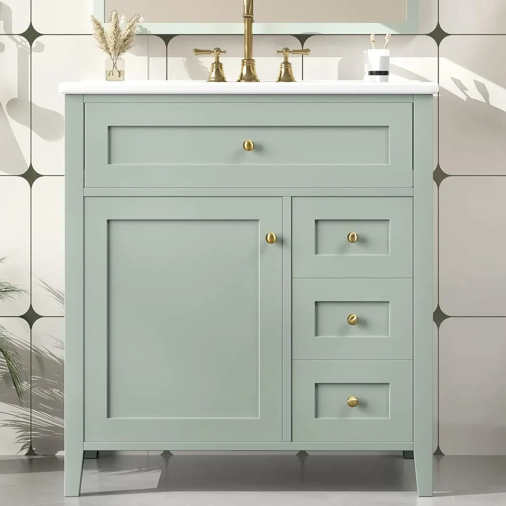 30" Modern Bathroom Vanity with Sink, Solid Wood Storage Cabinet, 3 Drawers, Soft Close Door, Adjustable Shelves, Green
