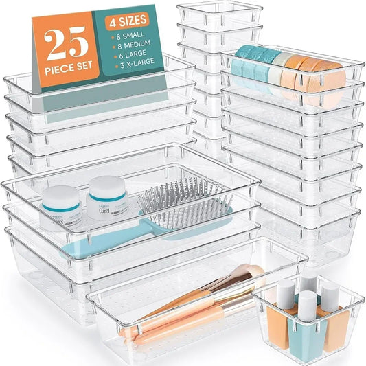 Clear Plastic Drawer Organizer Set 25 Compartments for Desk Storage