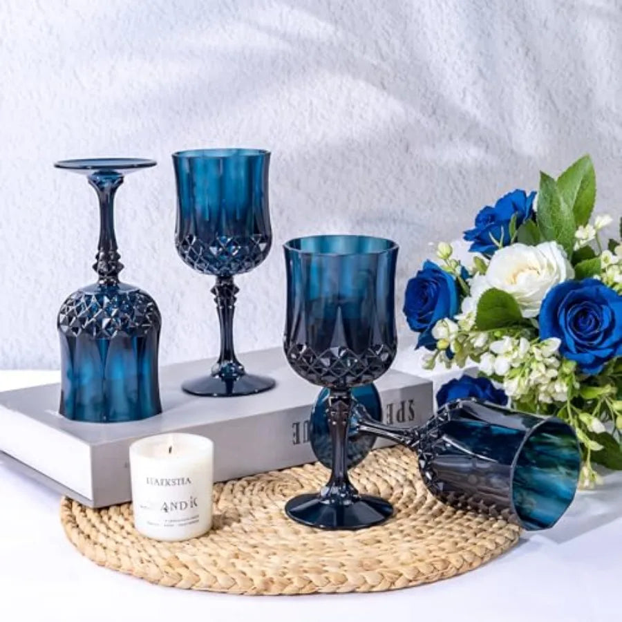 24PCS Blue Plastic Wine Glasses - 7 Oz Plastic Goblets for Party - Blue Vintage Drinking Glasses - Disposable Water Goblets Set