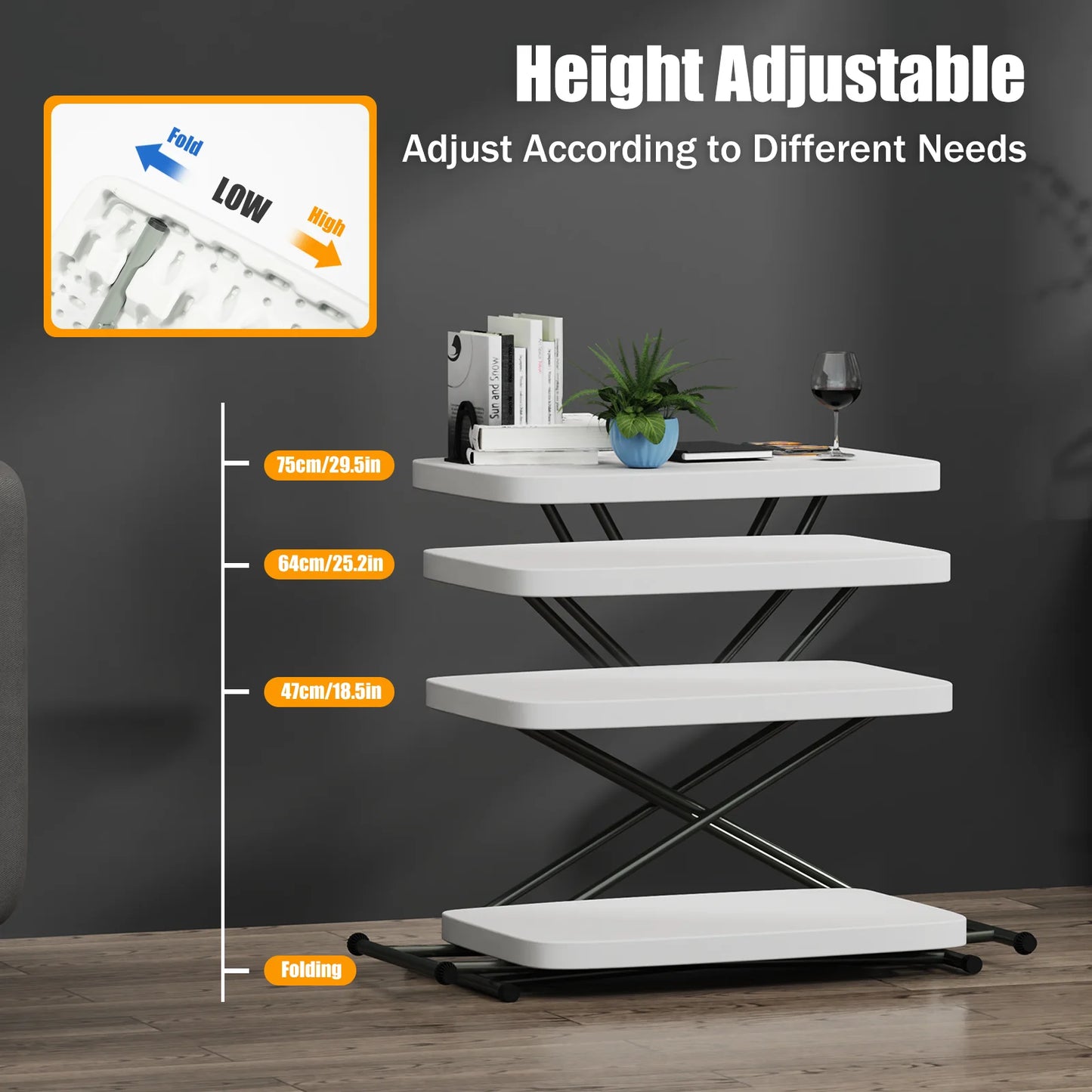 Adjustable Folding Table, 30x20 TV Tray Commercial Grade Laptop Desk Camp Picnic Table for Indoor Outdoor Use, White