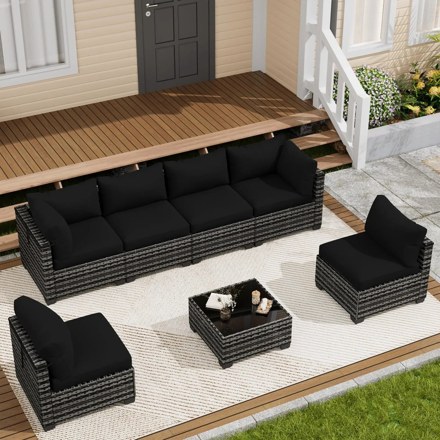 LOUVIXA 7 Piece Outdoor Patio Furniture Set, Outdoor Sectional Sofa, Wicker Rattan Patio Furniture, Patio Conversation Set