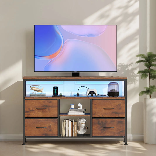 JHK 4 Drawers TV Stand Dresser for Bedroom Entertainment Center with LED Lights and Power Outlets Media Console for 50 Inch TV