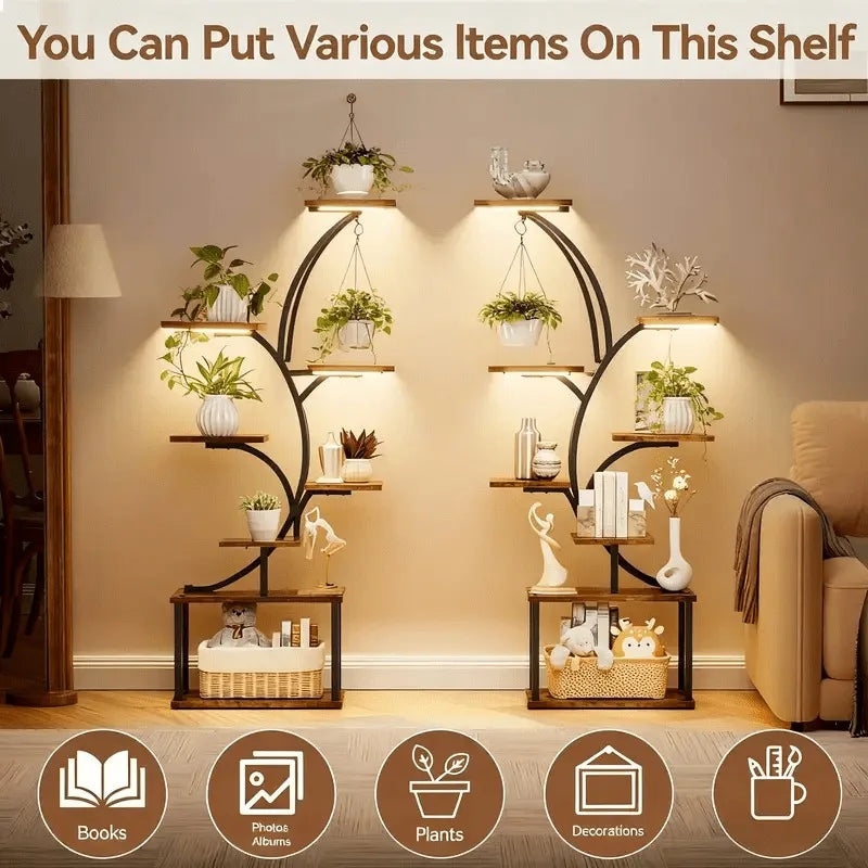 8-Tier Metal Indoor Plant Stand Tree-Shaped Corner Shelves Thick Wooden Boards for Balcony Patio Living Room Entrance Decor