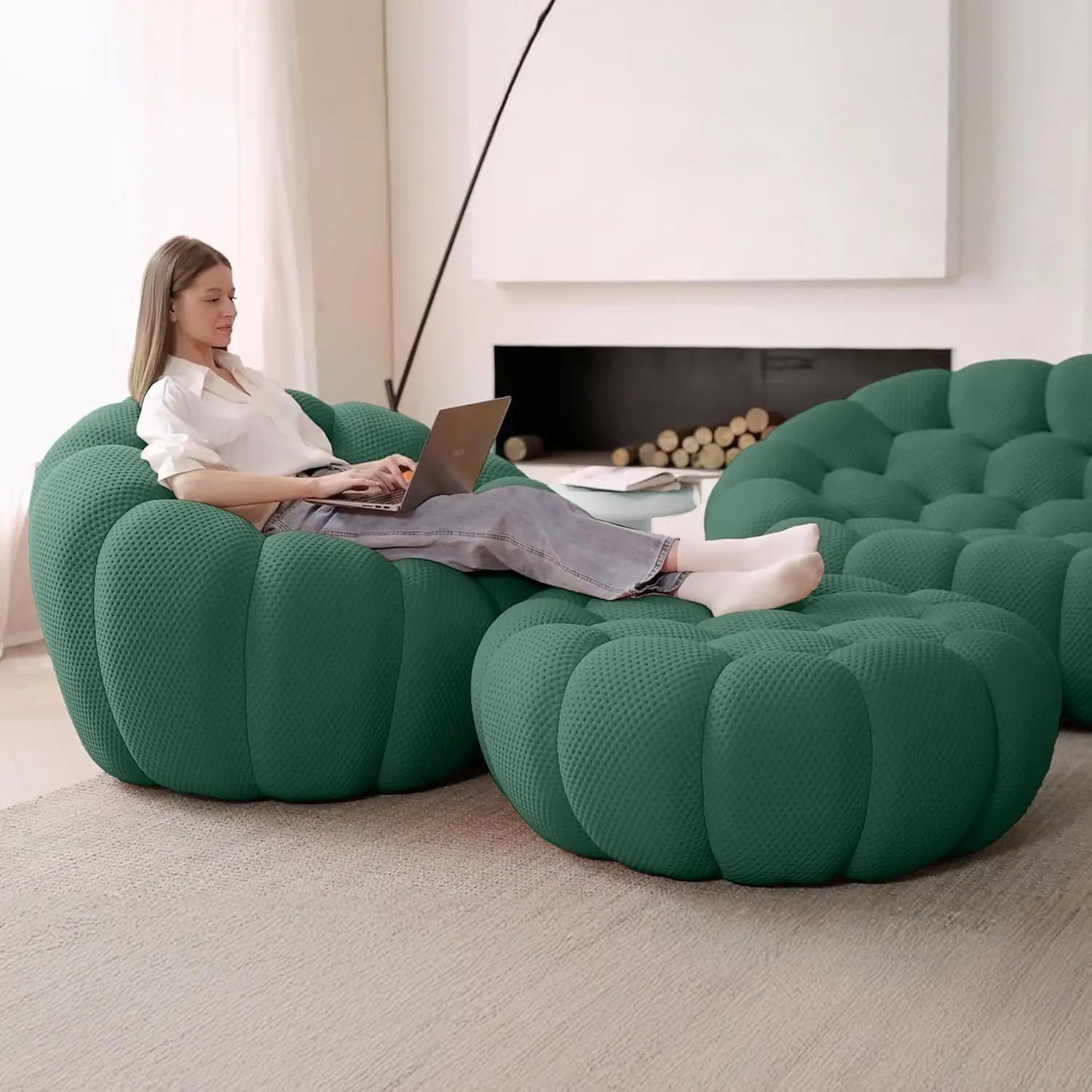 Sdorens Modern Curved Boneless Sofa with Ottoman 3D Honeycomb Mesh Fabric Lazy Floor Chair Living Roon Sets No Assembly Required