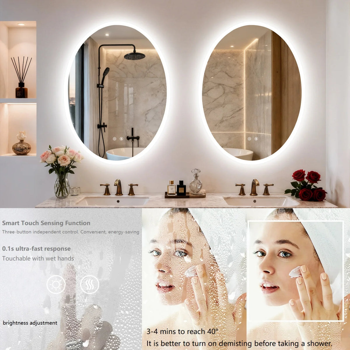 Oval LED Bathroom Mirror 70/80/90cm Tempered Glass Backlit Vanity Mirror Touch Anti-Fog Shatter-Proof Memory Dual Buttons for Shaving Making up