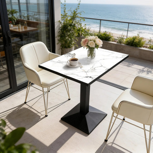Modern Sintered Stone Rectangular Dining Table With Iron Pedestal Base And Metal Frame
