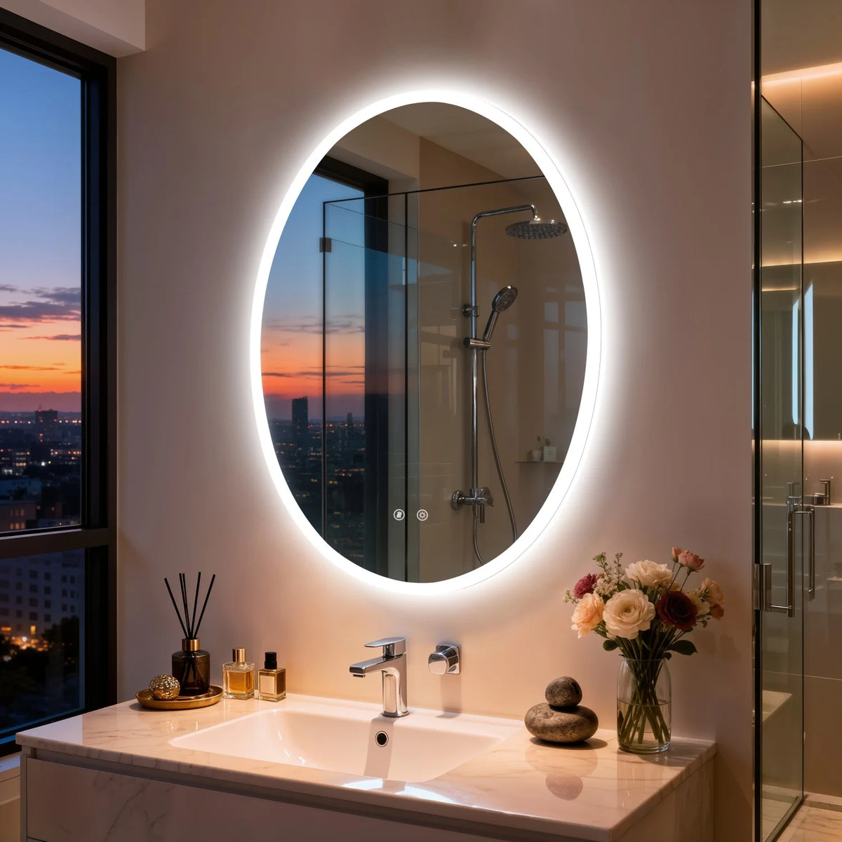 Oval LED Bathroom Mirror 70/80/90cm Tempered Glass Backlit Vanity Mirror Touch Anti-Fog Shatter-Proof Memory Dual Buttons for Shaving Making up